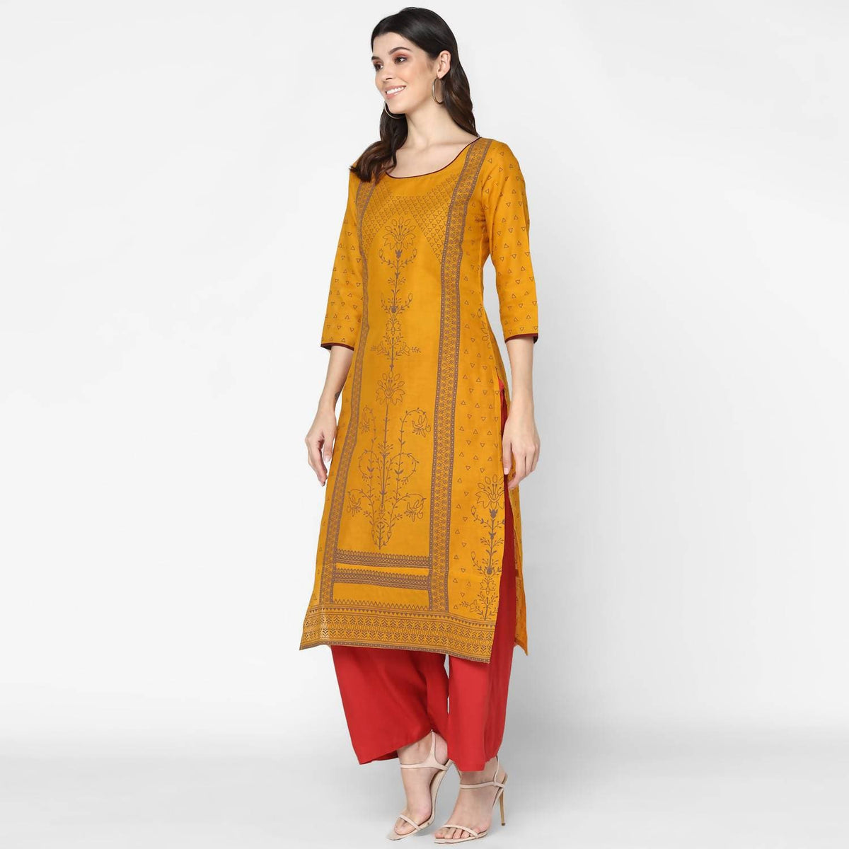 Cheera Hand Block Print Mustard Straight Kurta (MAAI-045K) | Grocsy