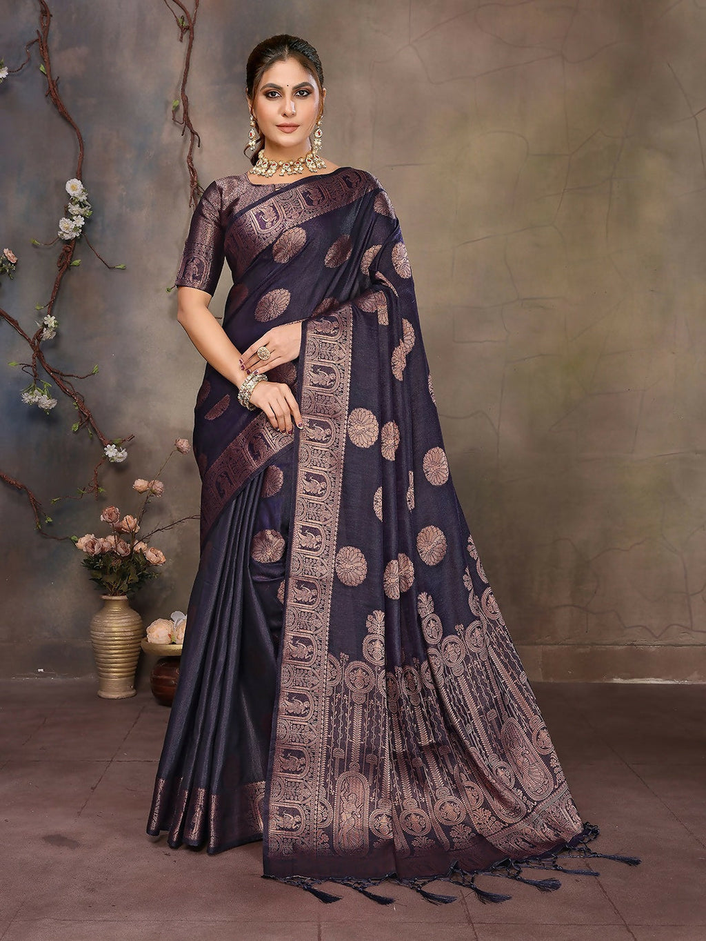 Joban Fashion Navy Blue Woven Jacquard Banarasi Silk Sarees | Grocsy