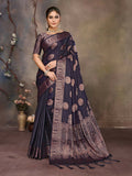 Joban Fashion Navy Blue Woven Jacquard Banarasi Silk Sarees | Grocsy