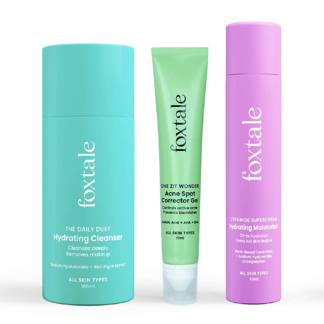 Foxtale ABC of Acne Control Trio Skin Care Kit: Acne Spot Correct Gel + Cleanser Face Wash + Ceramide Moisturizer | Grocsy
