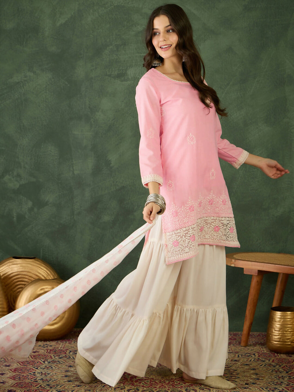 The52 Women's Gorgeous Embroidery Work Cotton Satin Fabric Straight Kurta Sharara and Dupatta Set-Peach | Grocsy