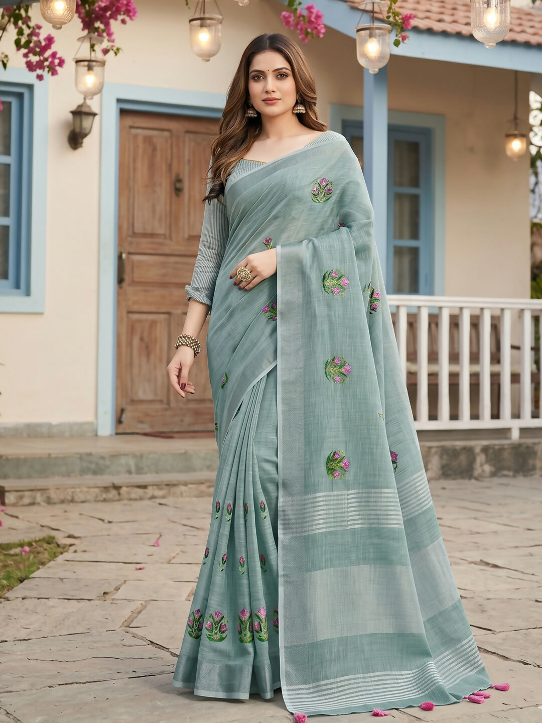 Shree Shyam Fashion Sea Green Linen Saree | Grocsy
