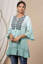 Juniper Sage Green Rayon Festive Embroidered Tiered Tunic For Women | Grocsy
