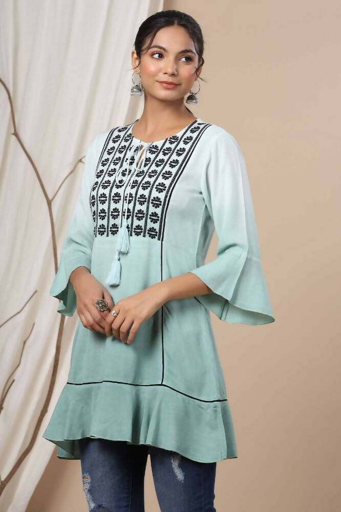 Juniper Sage Green Rayon Festive Embroidered Tiered Tunic For Women | Grocsy