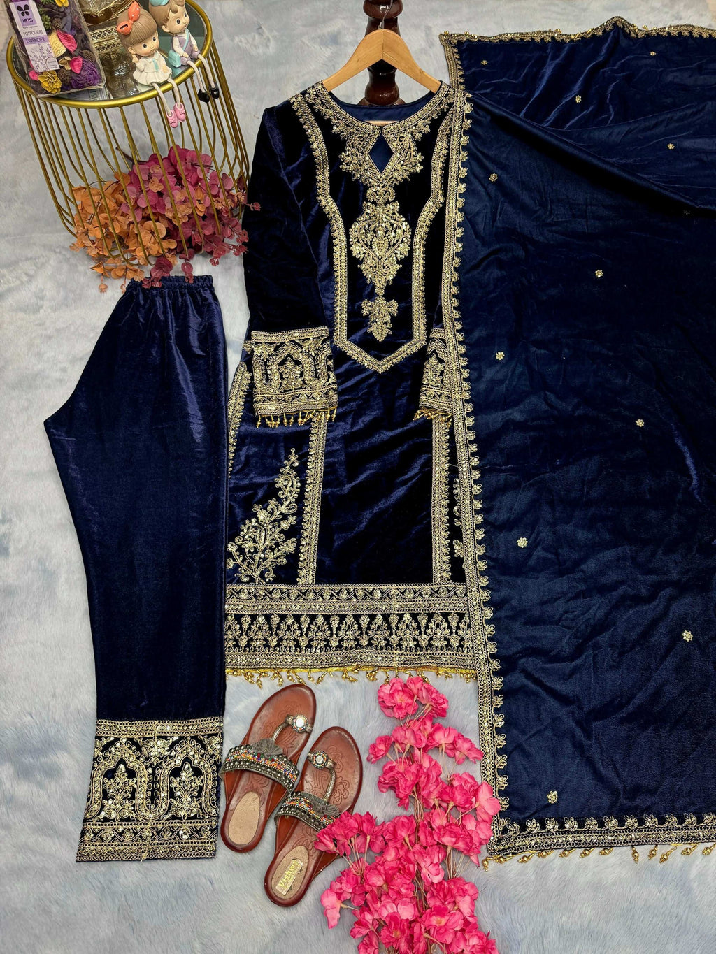 Teeya Creation Blue Color Velvet Fabric Designer Embroidery Work Suit | Grocsy