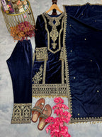 Teeya Creation Blue Color Velvet Fabric Designer Embroidery Work Suit | Grocsy