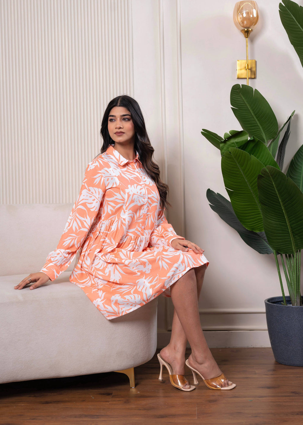 Juniper Lamora Orange Leaf Breeze Shirt Dress | Grocsy