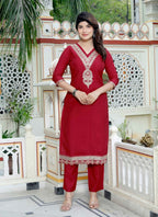Miravan Women's Embroidered Pure Silk Red Kurta with Palazzo and Dupatta | Grocsy