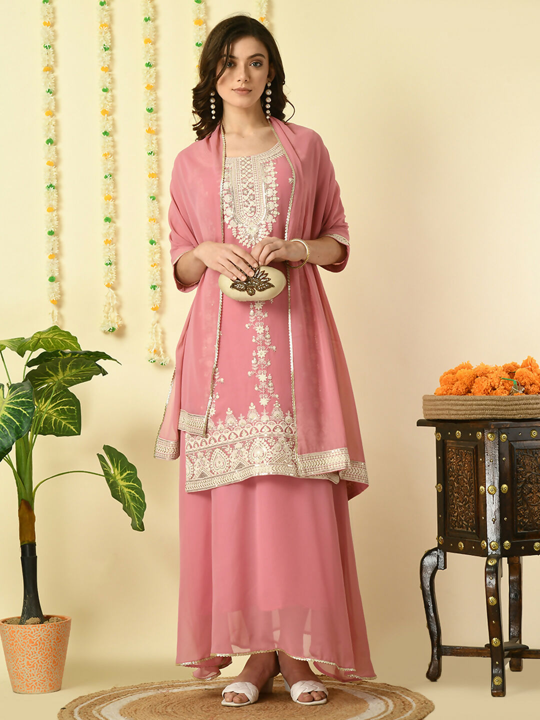 Myshka Women's Pink Georgette Kurta & Skirt With Dupatta Party Sets | Grocsy
