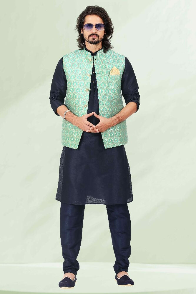 Raivat Ethnic Jacquard Banarasi Silk Woven Work 3 Pics Jacket Set In Pista Green Colour | Grocsy