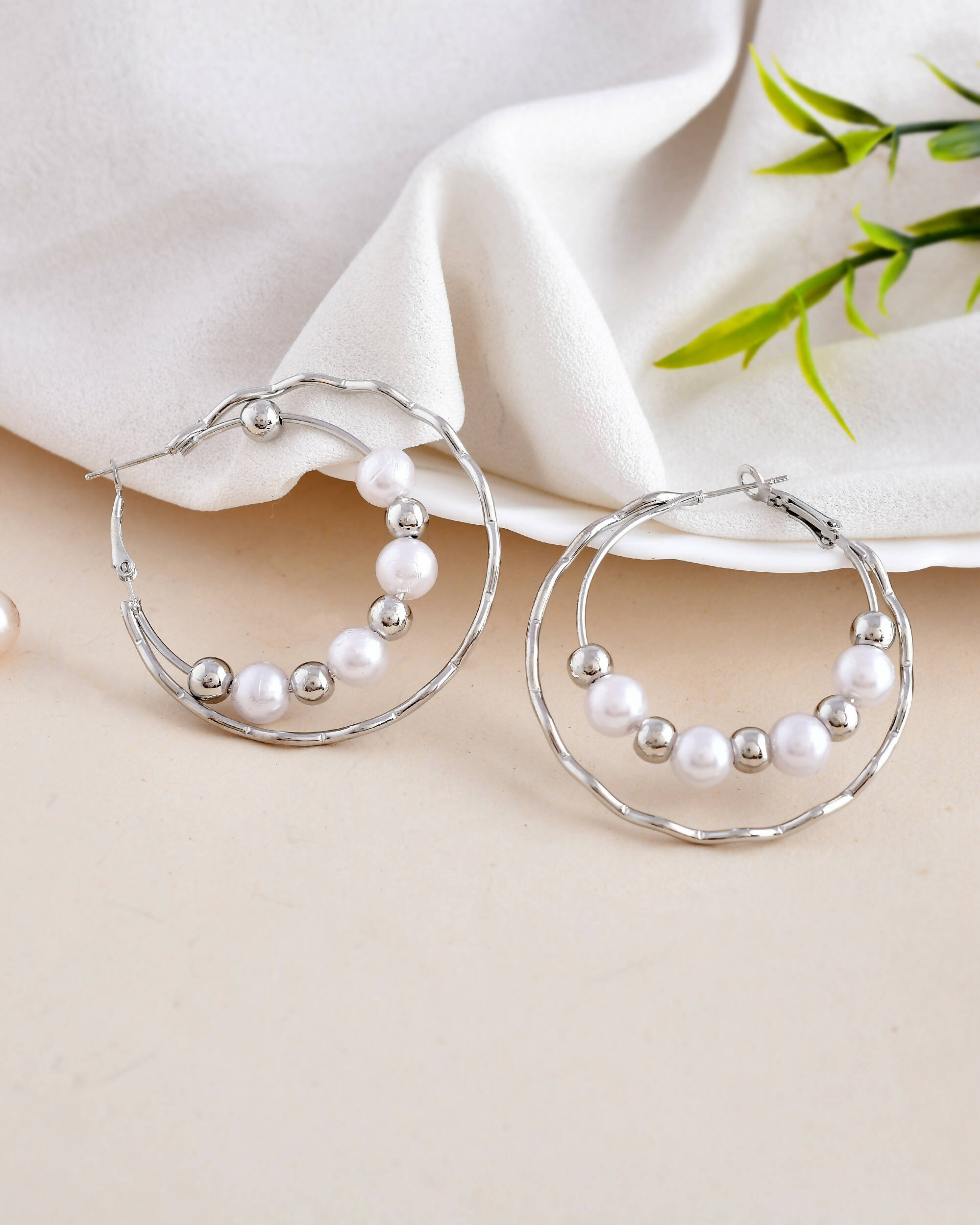 VOJ Women Sliver-Plated Pearl Stainless Steel Hoop Earrings | Grocsy