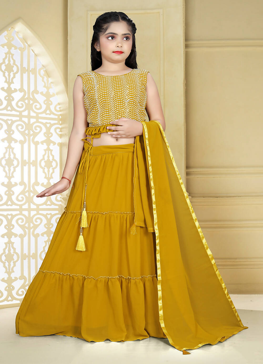 Wedding Designer Yellow Georgette Kidswear Lehenga - Aaradhna | Grocsy