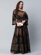 Ahalyaa Womens Black Crepe Copper Foil Printed Maxi Dress | Grocsy