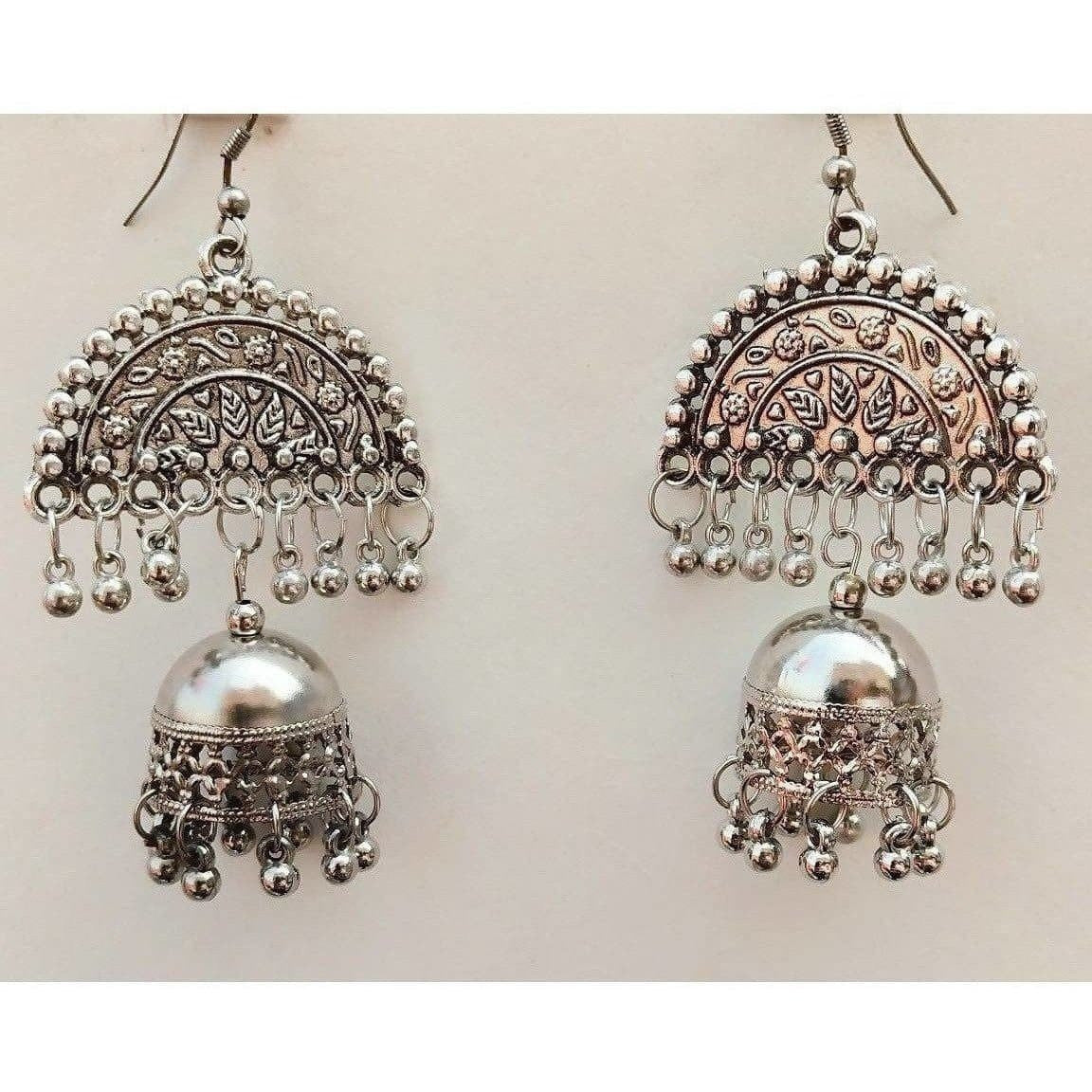 MS Fashion India Half Moon Silver Oxidized Jhumka Pearl Tassel Earrings | Grocsy