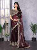 Vastranavya Wine Embroidery Work Shimmer Chiffon Saree with Unstitched Blouse | Grocsy