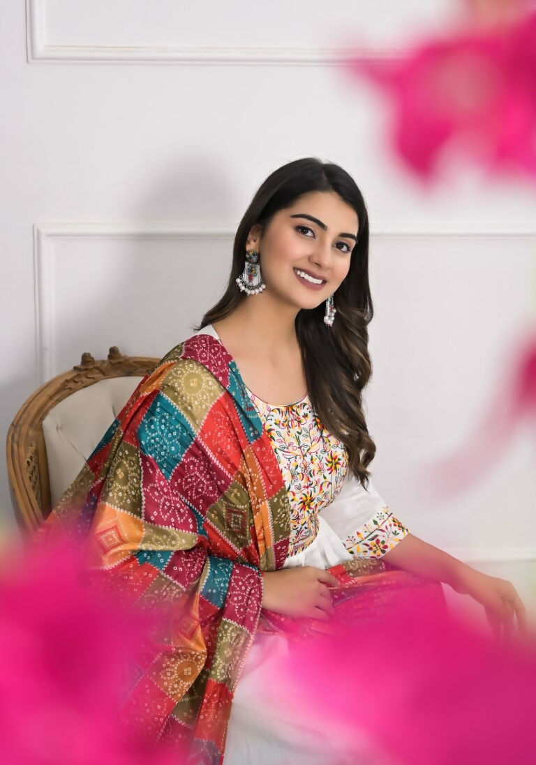 White Viscose Silk Embroidery with Thread and sequence Stitched Suit With Dupatta - Tanisha | Grocsy