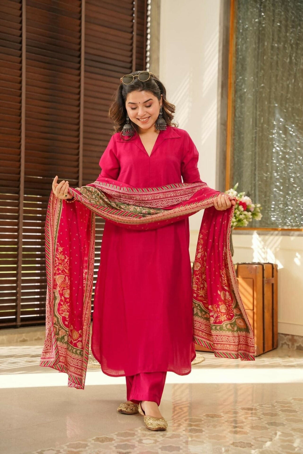 The52 Rani Women's Beautiful South Cotton Fabric Straight Kurta with Pant And Dupatta Set | Grocsy