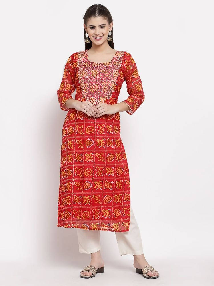 Myshka Women's Red Cotton Printed 3/4 Sleeve Square Neck Casual Kurta | Grocsy