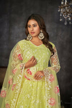 Jyoti Fashion Women's Pista Net Embroidered Anarkali Kurta Pant Set With Dupatta | Grocsy