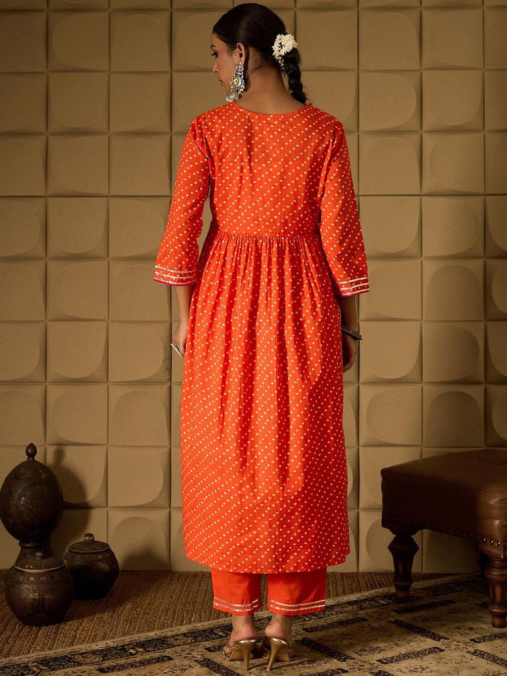 Indo Era Bandhani Embroidered Empire Sequined A-Line Pure Cotton Kurta With Trousers | Grocsy