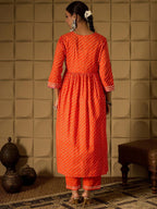 Indo Era Bandhani Embroidered Empire Sequined A-Line Pure Cotton Kurta With Trousers | Grocsy