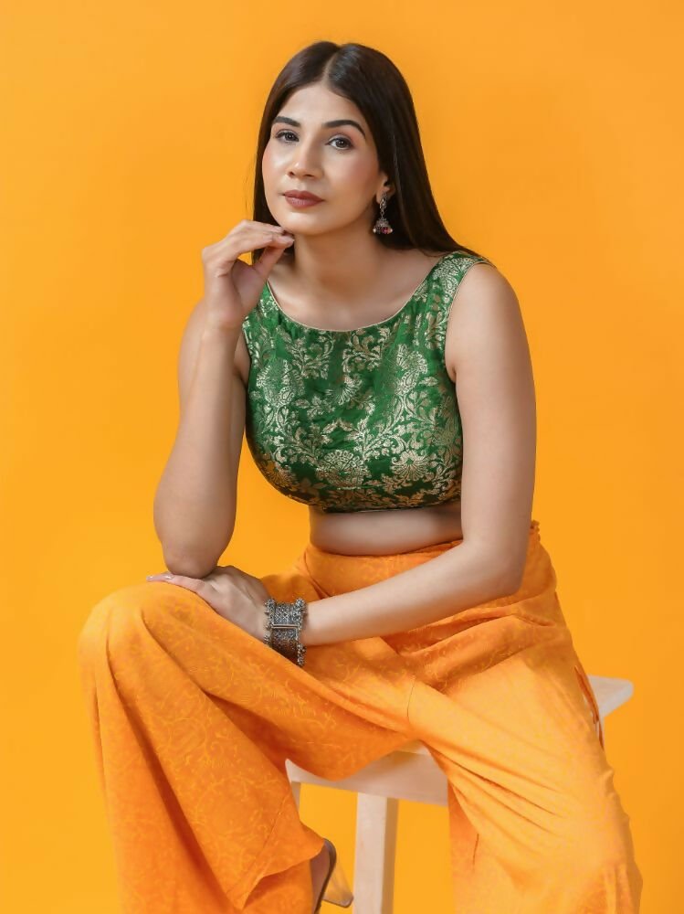 Amodini Designer Studio Women's Banarsi Brocade Sleeveless Green Blouse | Grocsy
