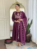 The52 Purple Women's Gorgeous Embroidered Vichitra Silk Fabric Flared Kurta Pant with Dupatta Set | Grocsy