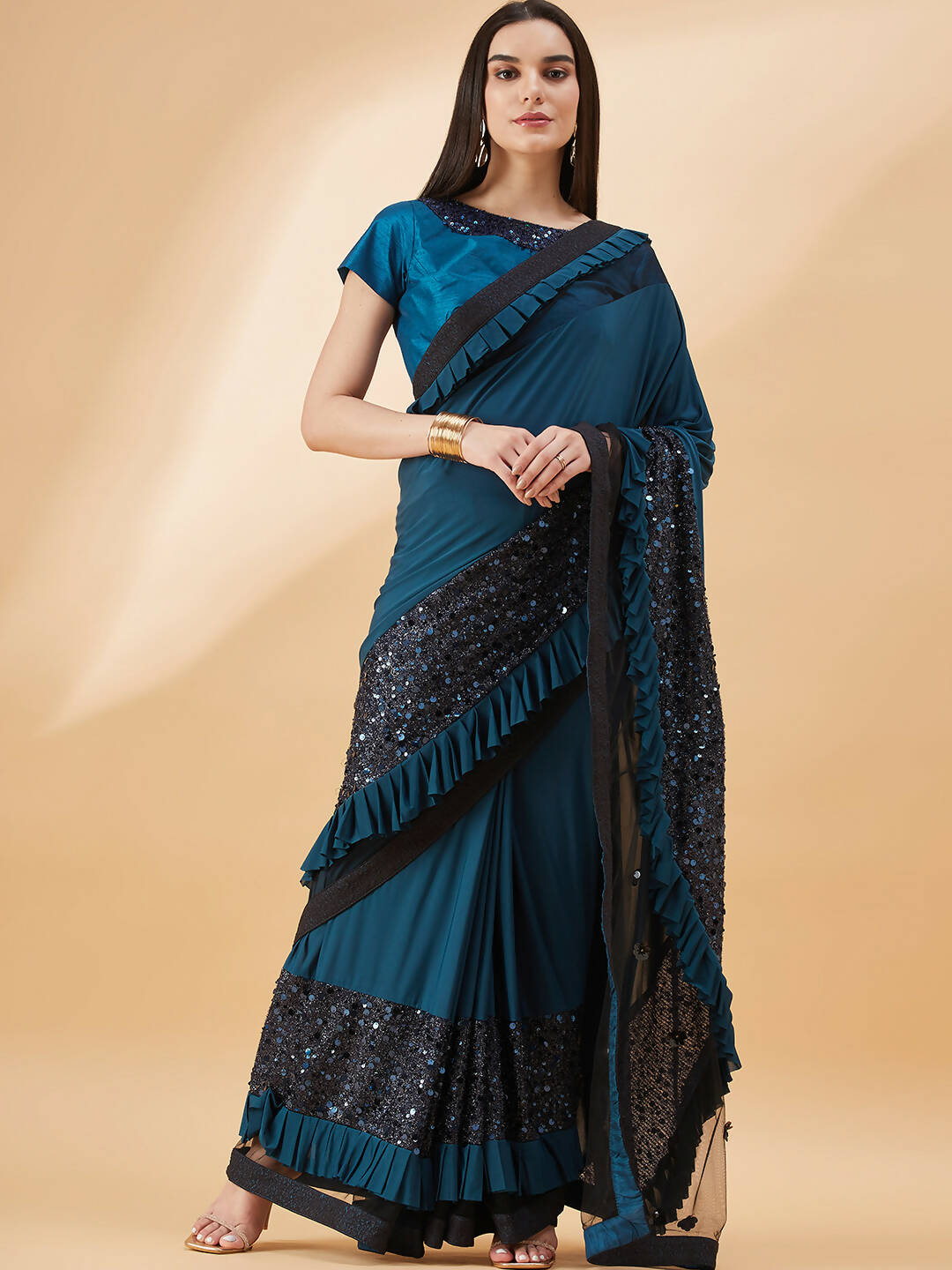Peacock Blue Lycra Sequins Fabric. Frill Details, Handwork Buttis Saree - Norita Hit Design | Grocsy