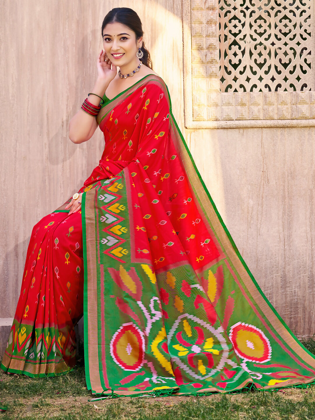Shree Shyam Fashion Red Pochampally Silk Saree | Grocsy
