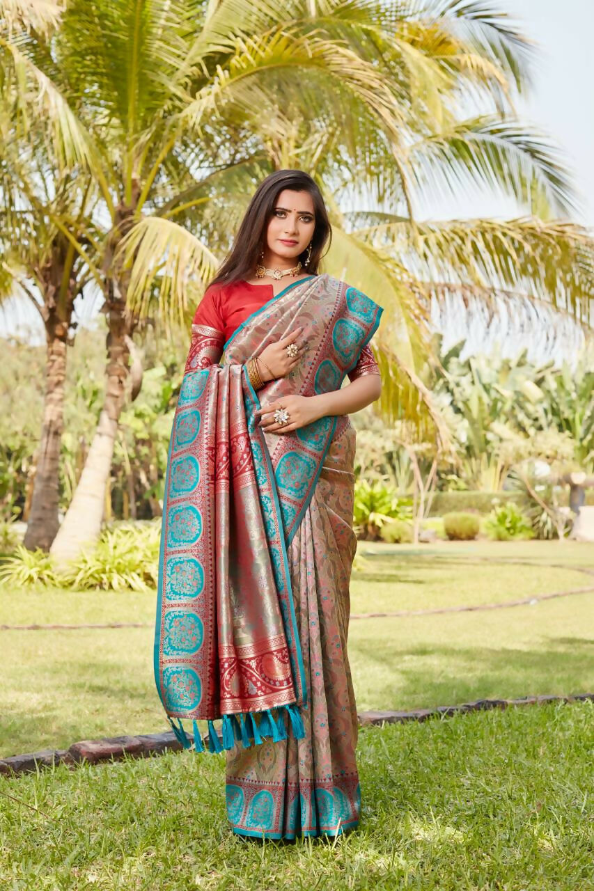 Vastranavya Boutique Collection Kanjivaram Soft Silk Saree With Unstitched Blouse - Peach | Grocsy