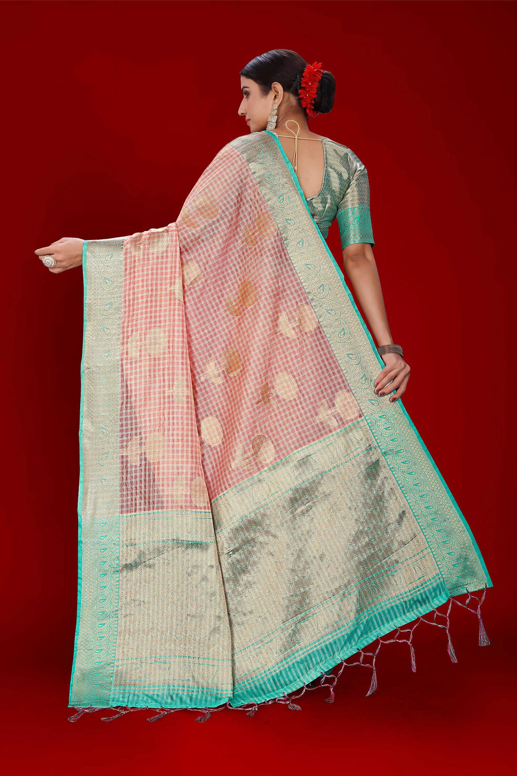 Pink Soft Organza Woven Design Saree With Unstitched Blouse Piece - Zaara | Grocsy