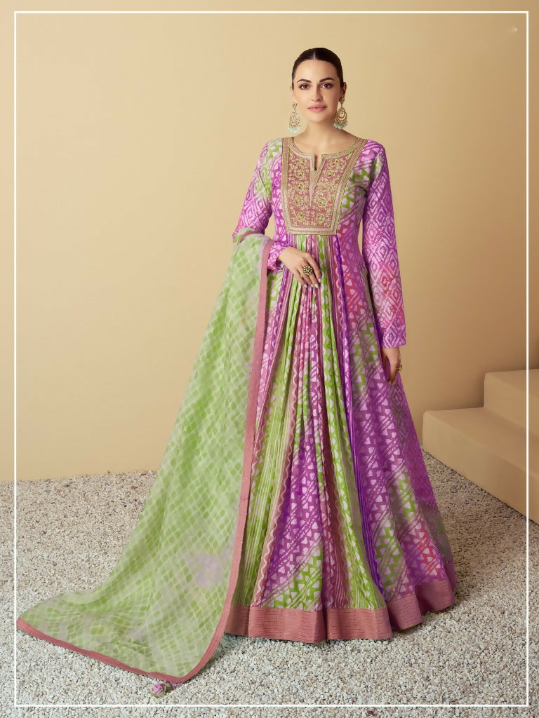 Vastranavya Lavender Muslin Printed Sequins Beads Work Abaya Style Anarkali Suit | Grocsy