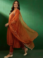 The52 Women's Beautiful Vichitra Fabric Embroidery Work Flared Anarkali Pant and Dupatta Set | Grocsy