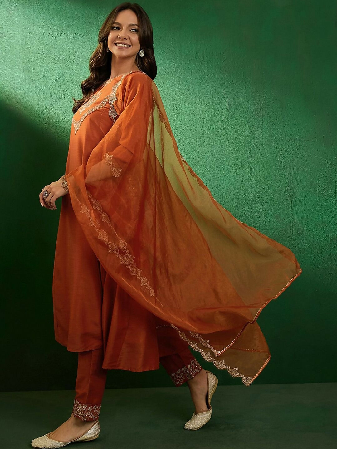 The52 Women's Beautiful Vichitra Fabric Embroidery Work Flared Anarkali Pant and Dupatta Set | Grocsy