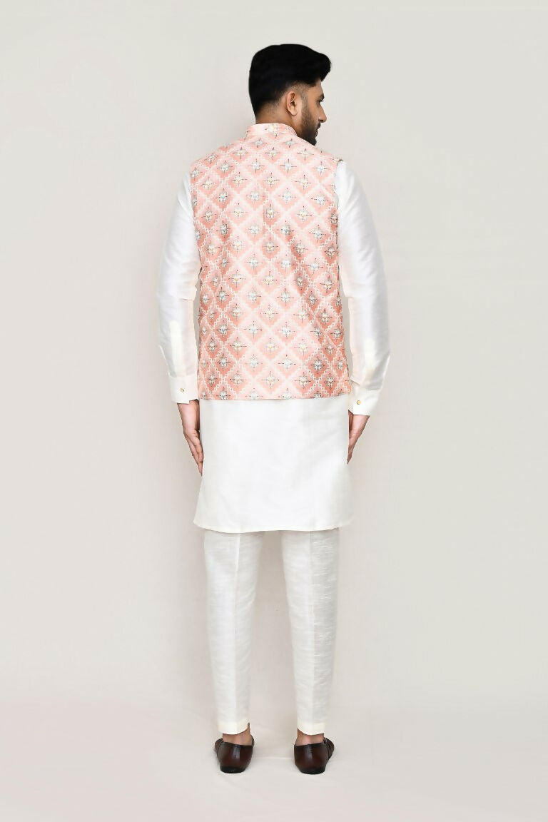 Joban Fashion White Colored Art Silk Fabric Kurta, Jacket With Straight Fit Pant | Grocsy