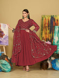 Jyoti Fashion Women's Maroon Georgette Embroidered Anarkali Kurta Pant Set With Dupatta | Grocsy