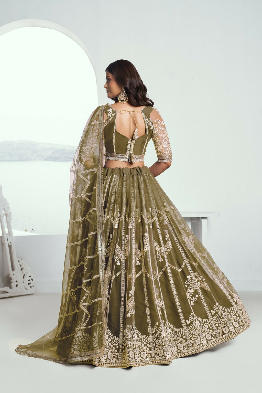 Eilara Adorable Olive Green Sequins Net Mehendi Wear Lehenga Choli | Grocsy