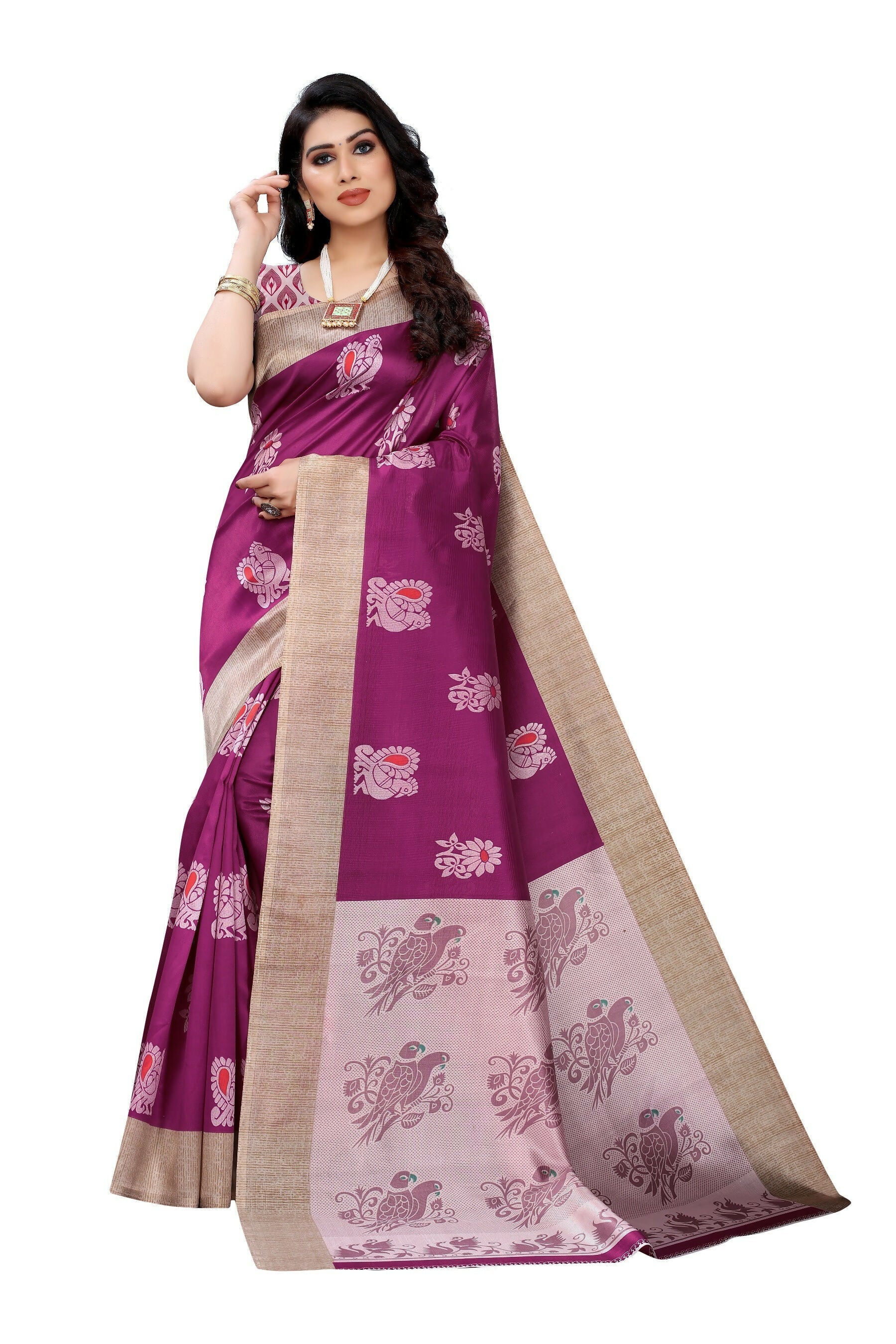 Vamika wine Printed Art Silk Saree | Grocsy