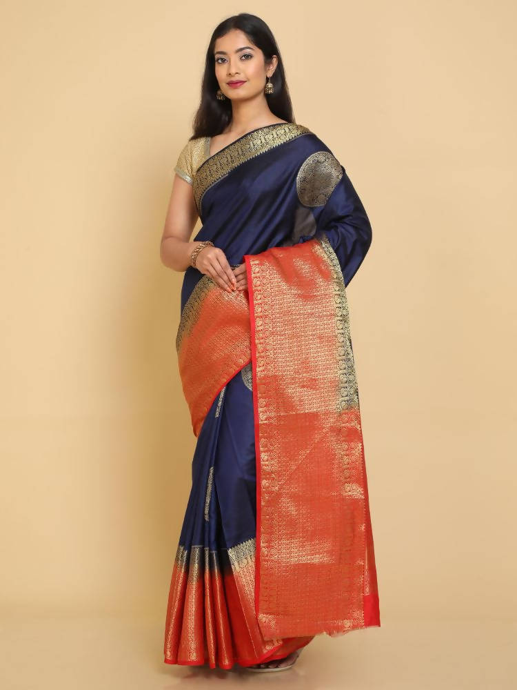 Kalamandir Woven Design Navy Blue Silk Blend Saree | Grocsy