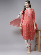 Yufta Women Pink & White Ethnic Motifs Printed Mirror Work Kurta with Palazzo & Dupatta | Grocsy