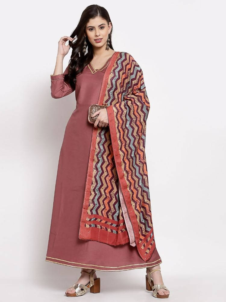 Myshka Women's Dark Pink Cotton Solid 3/4 Sleeve V Neck Casual Anarkali Gown | Grocsy