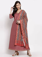 Myshka Women's Dark Pink Cotton Solid 3/4 Sleeve V Neck Casual Anarkali Gown | Grocsy