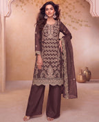 KC Heavy Embroidery Worked Two Ton Moss Silk Purple Suit For Women | Grocsy