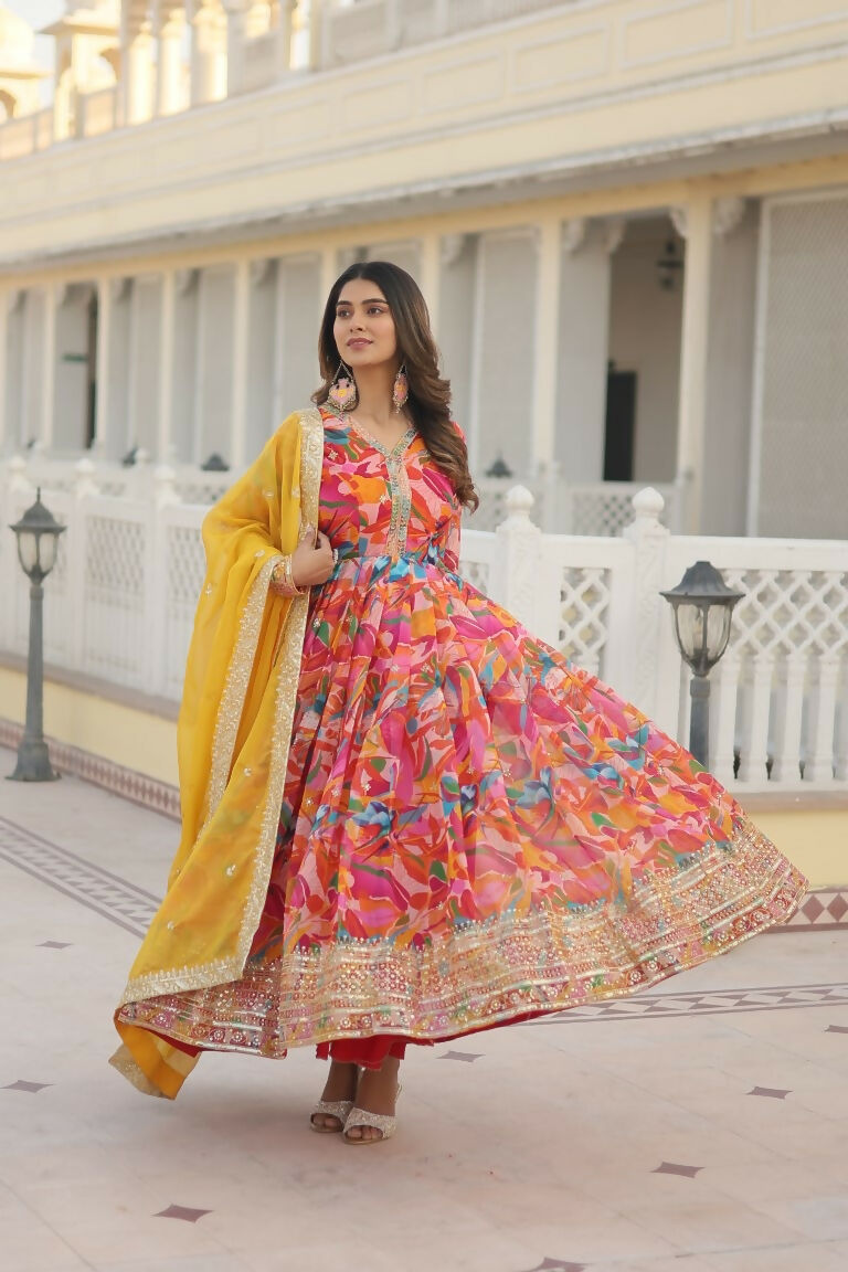 Jyoti Fashion Women's Pink Russian Silk Sequins Zari Embroideredy Anarkali Dress with Dupatta | Grocsy