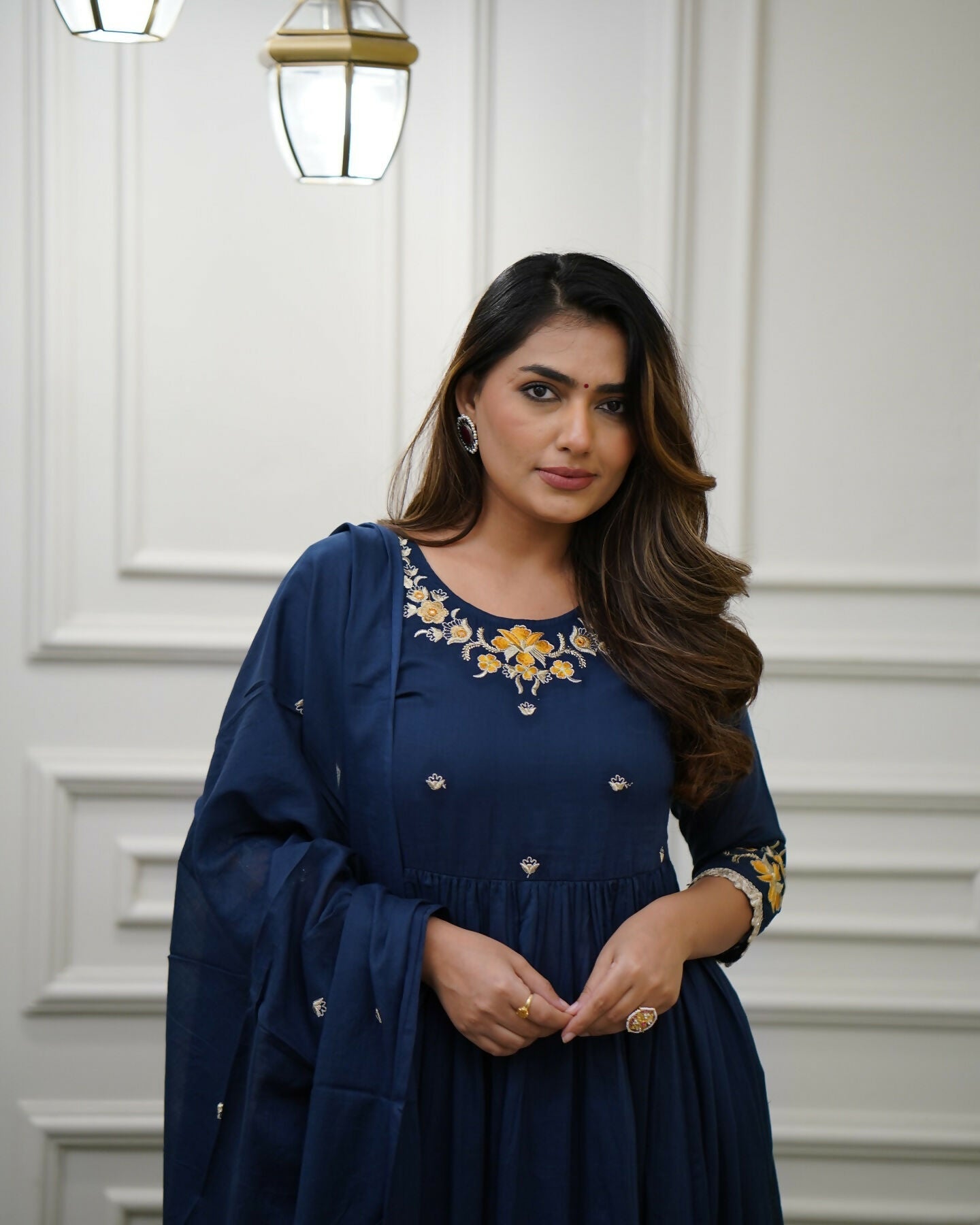 The52 Blue Women's Gorgeous Viscose Fabric Embroidered Work Flared Kurta Pant and Dupatta Set | Grocsy