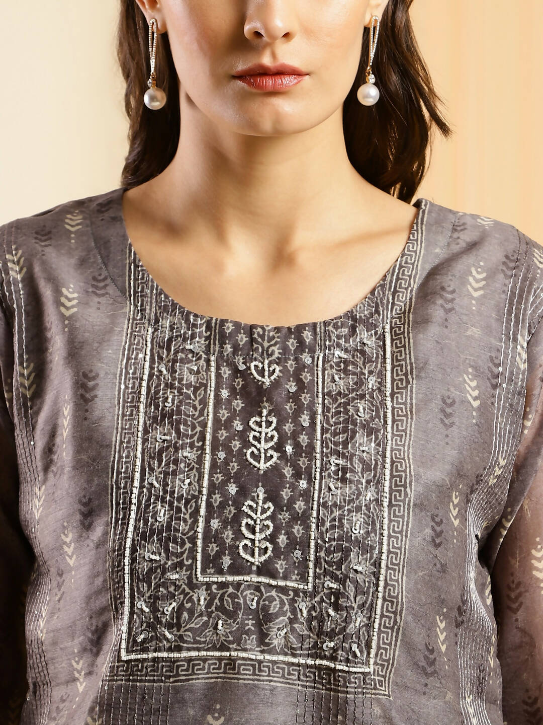 Grey Chinon Digital Printed With Hand Work Kurta - Himanshi | Grocsy