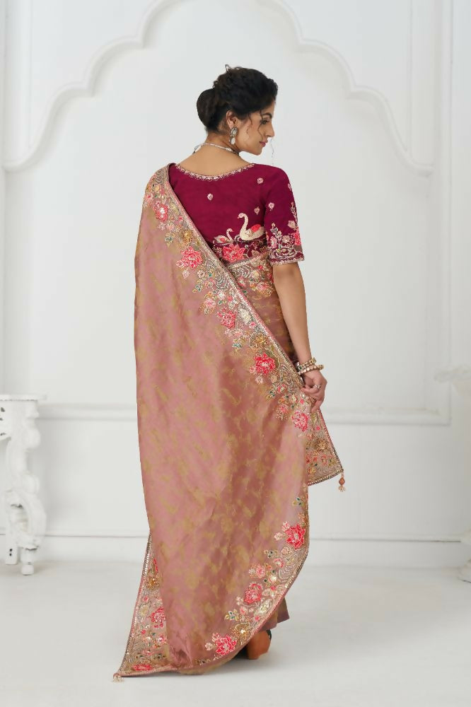 Kesar Fab Pretty Peach: Multicolor Embroidery With Blooming Floral Designs Saree | Grocsy