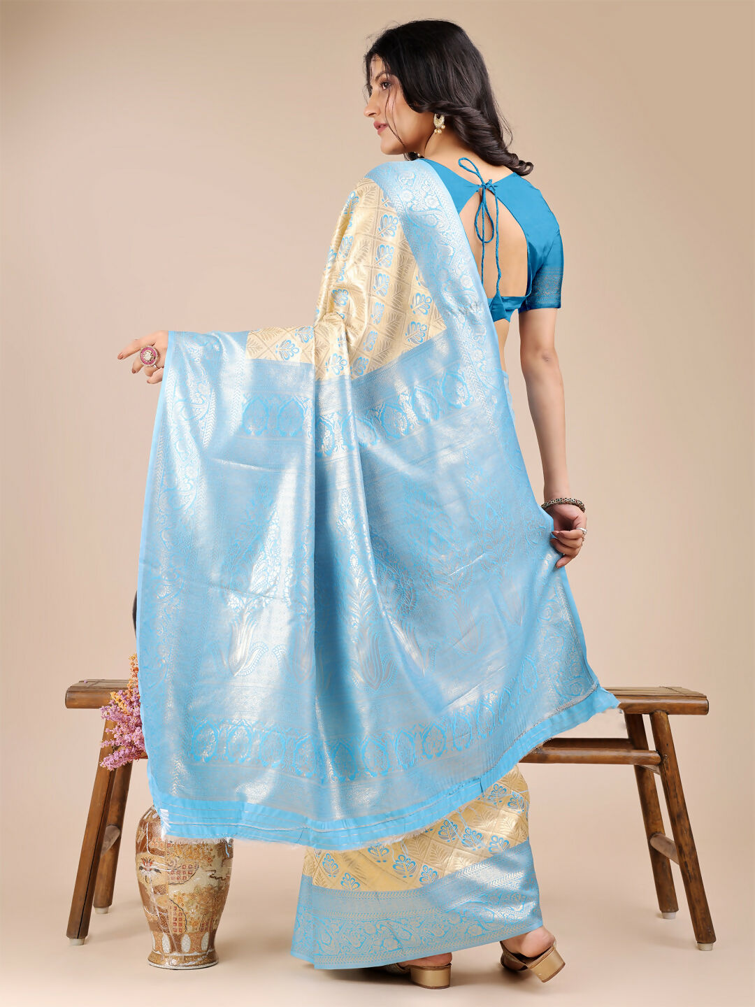 Shree Shyam Fashion Aura Silk Cream Sky Blue Banarasi Silk Saree | Grocsy