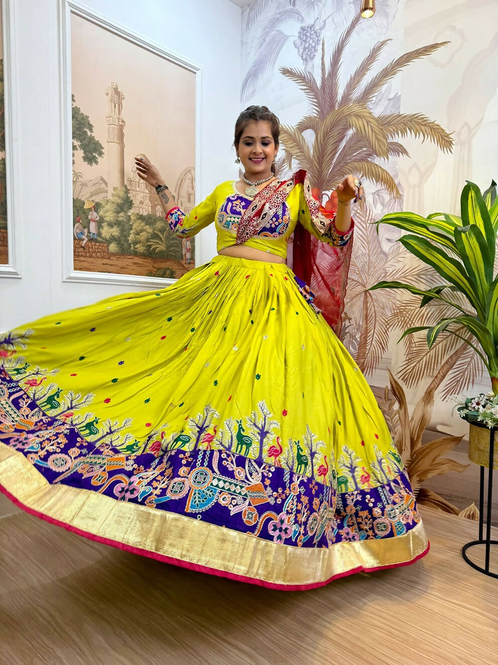 Teeya Creation Parrot Colour Rayon Silk Embroidery Work Fully Stitched Navratri Lehenga | Grocsy