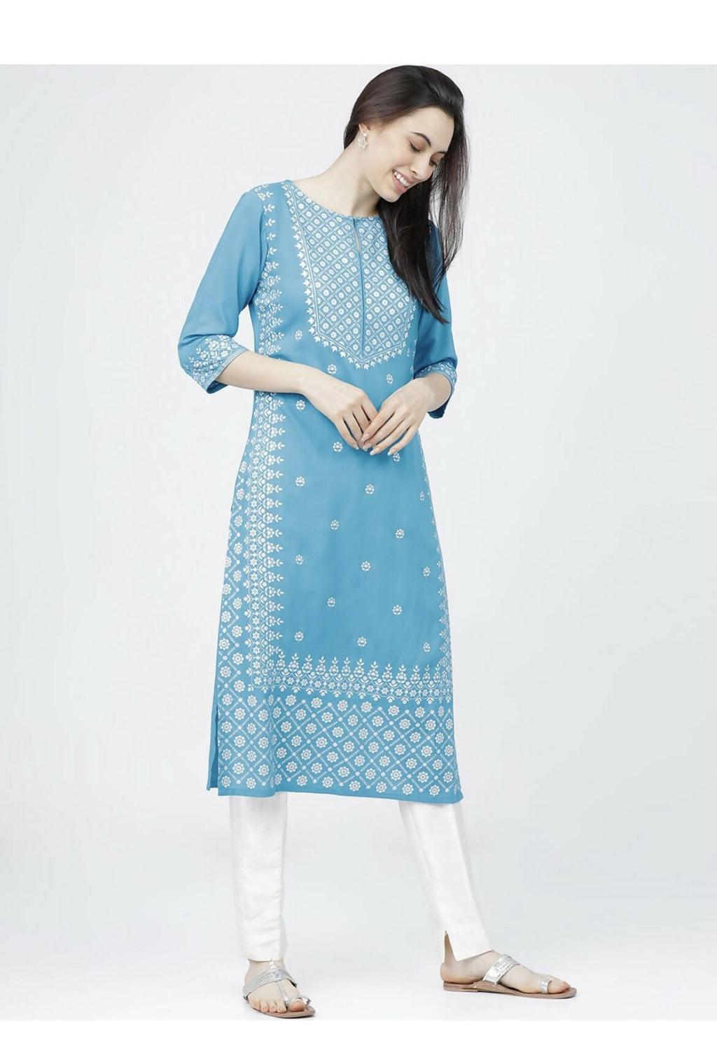 Indian Clothing Cheera Embellished Daily Wear Cotton Blend Kurta - Sky Blue | Grocsy